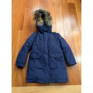 Moncler Kids Navy Blue Puffer Parka Coat Fur Hood Logo Size 130